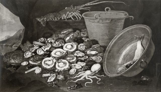 Anonimo — Recco Nicola Maria - sec. XVII/ XVIII - Natura morta con frutti di mare, bacile e secchio — insieme